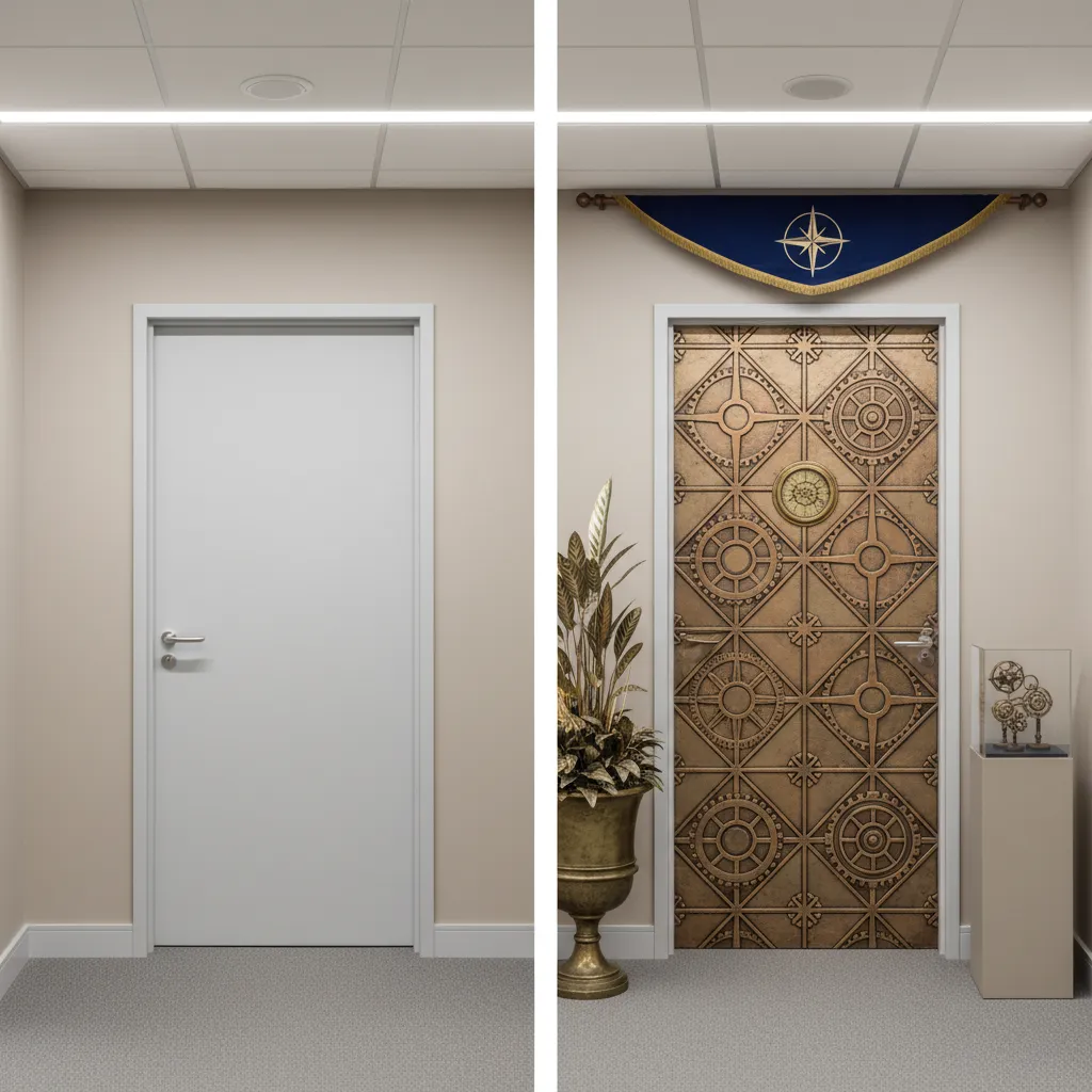 comparison of plain office door and decorated office door