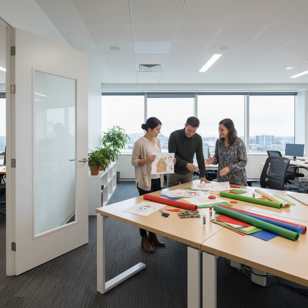 Small team planning a simple office door decoration layout with paper materials