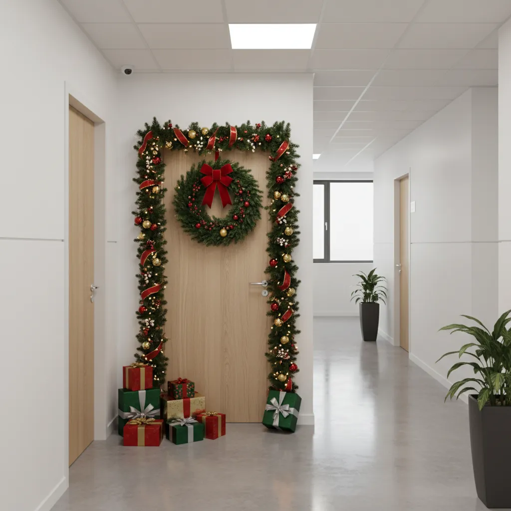 office christmas door decoration contest display in workplace hallway