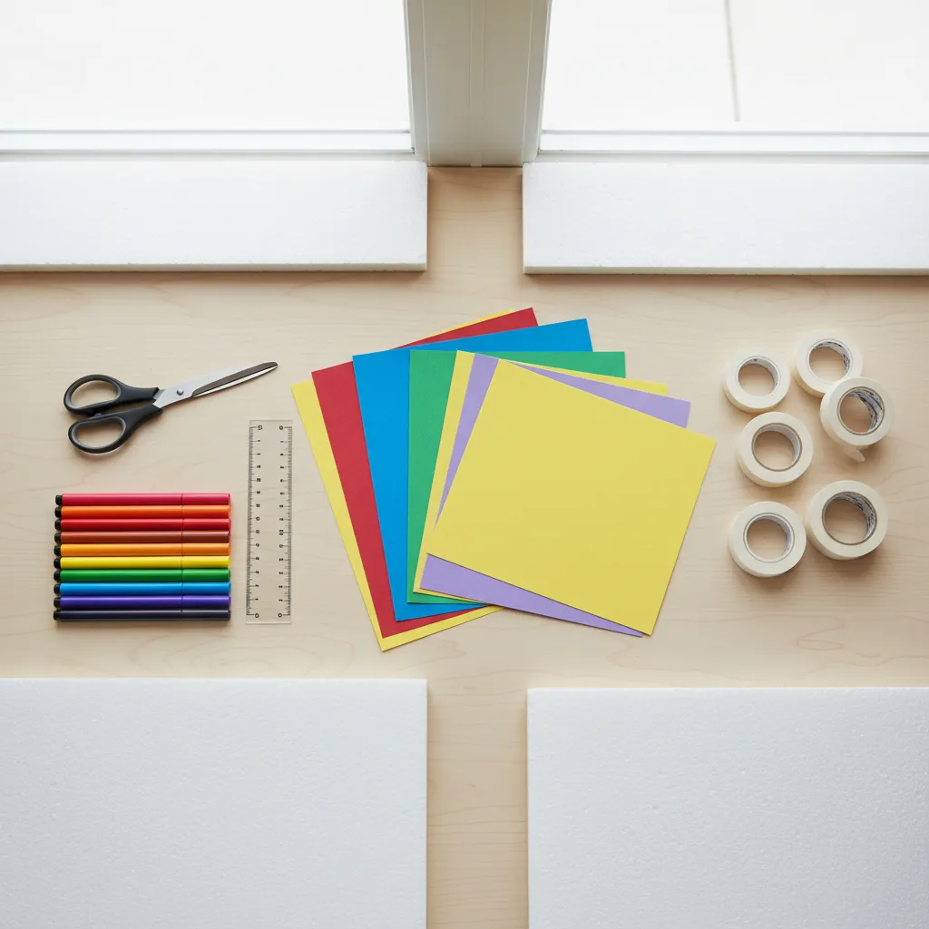 DIY craft materials for office door decorations laid out on desk