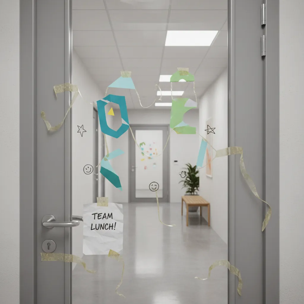office door with paper decorations peeling off due to weak adhesive