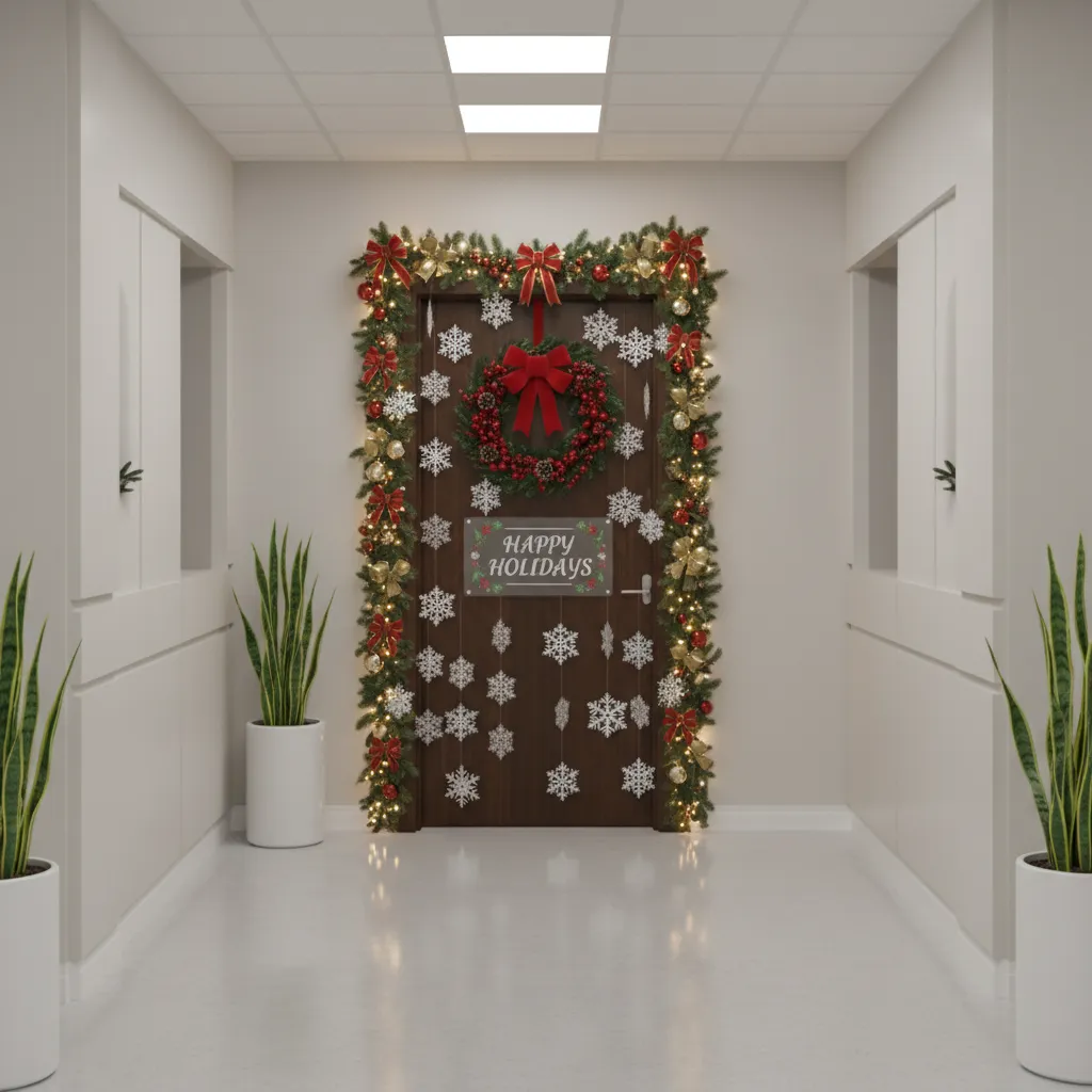 Example of a themed Christmas office door decoration in a workplace hallway