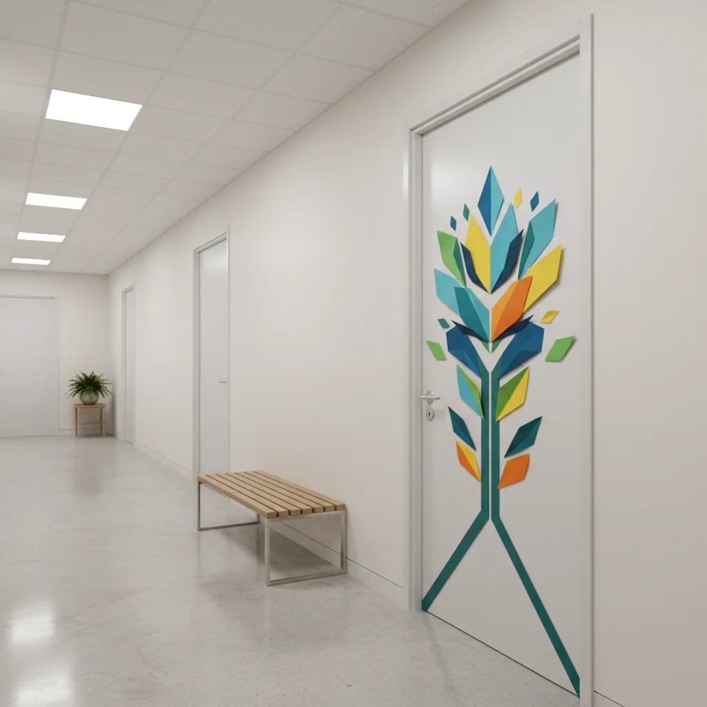 decorated office door in modern workplace hallway