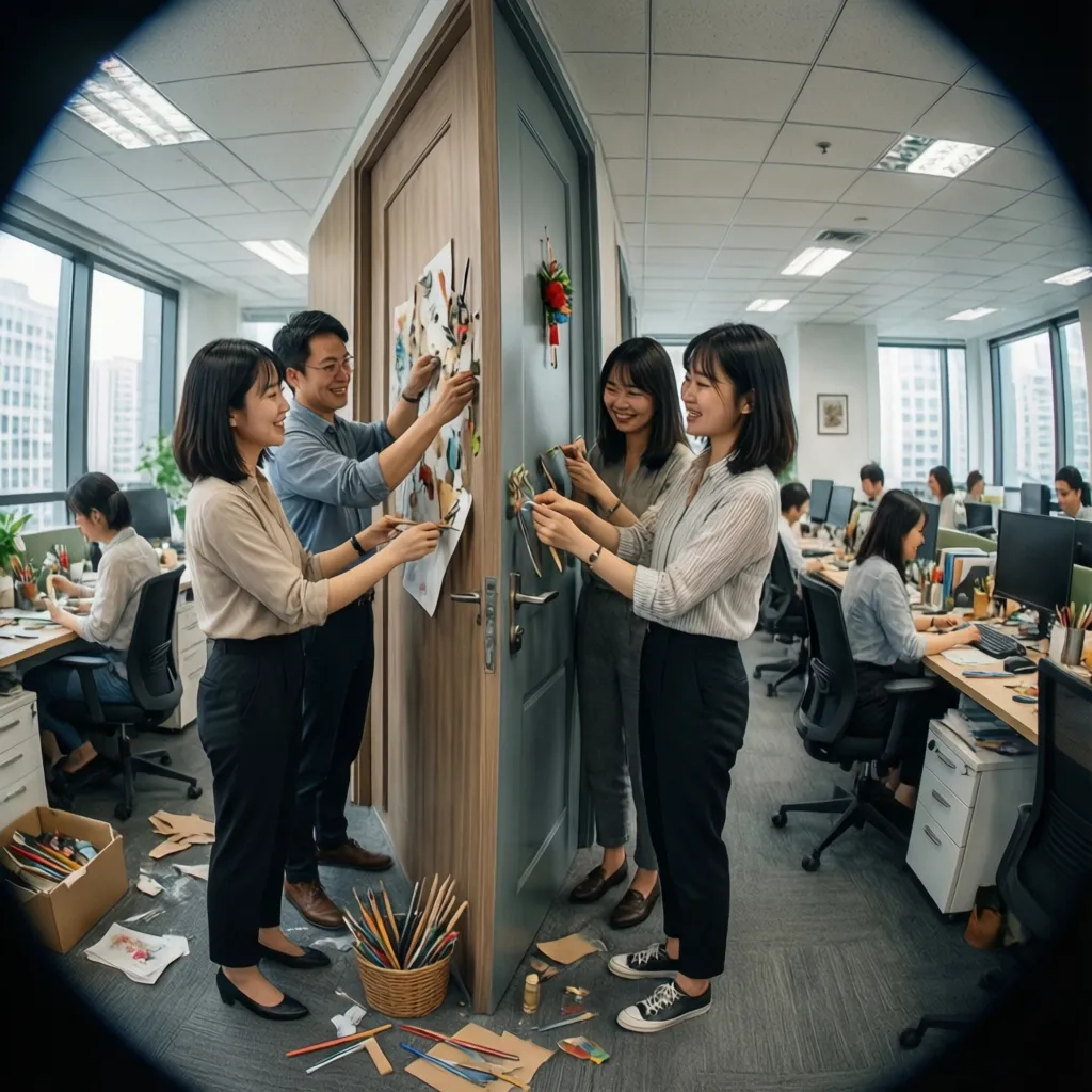 team decorating an office door together
