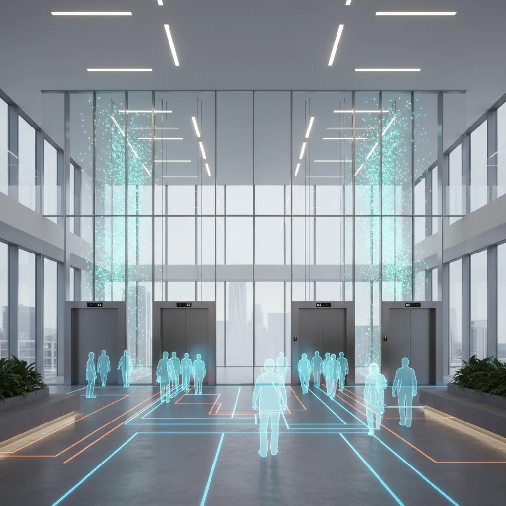 Interior design drawing showing blue digital people figures in front of elevator doors with lines