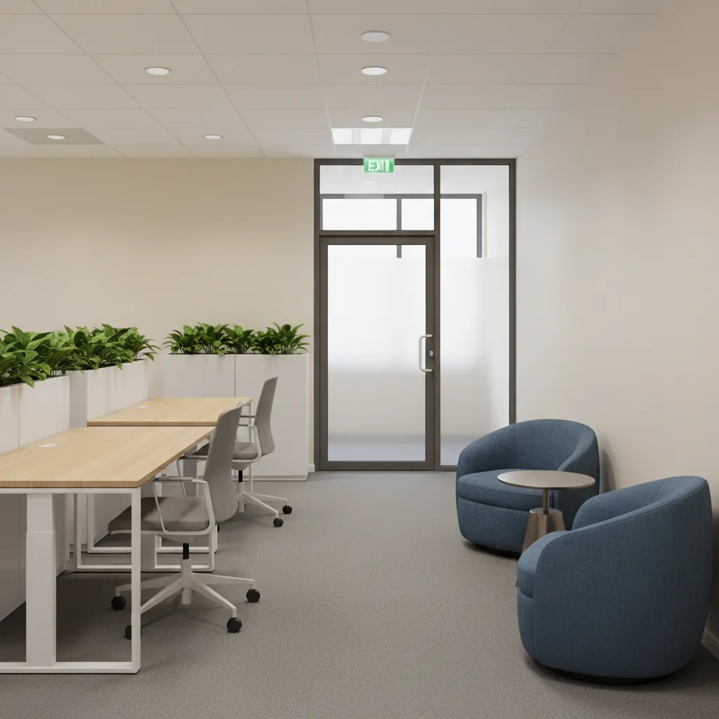 Small office corridor showing potential evacuation bottleneck near furniture