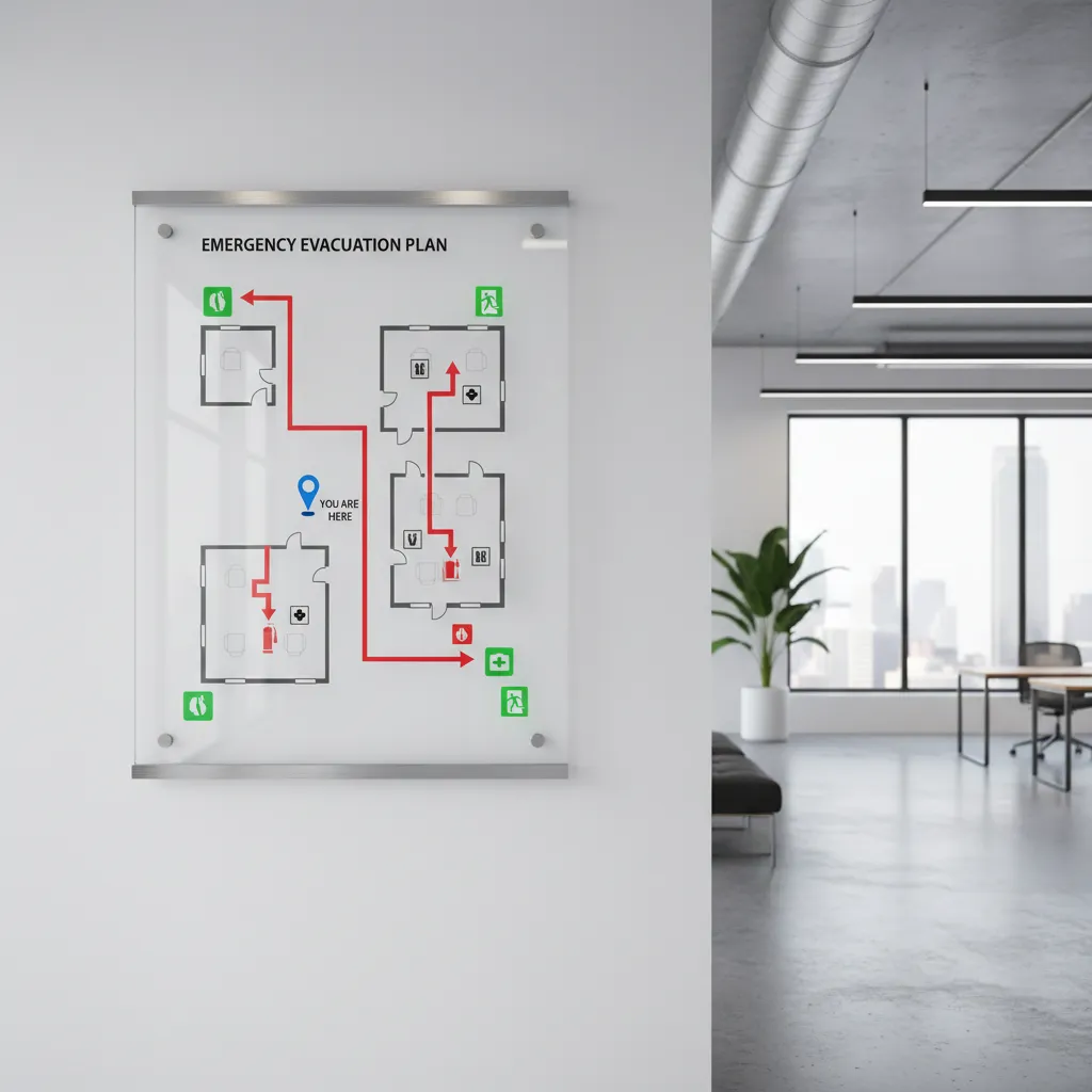 Example of a clear office evacuation map with routes and safety icons