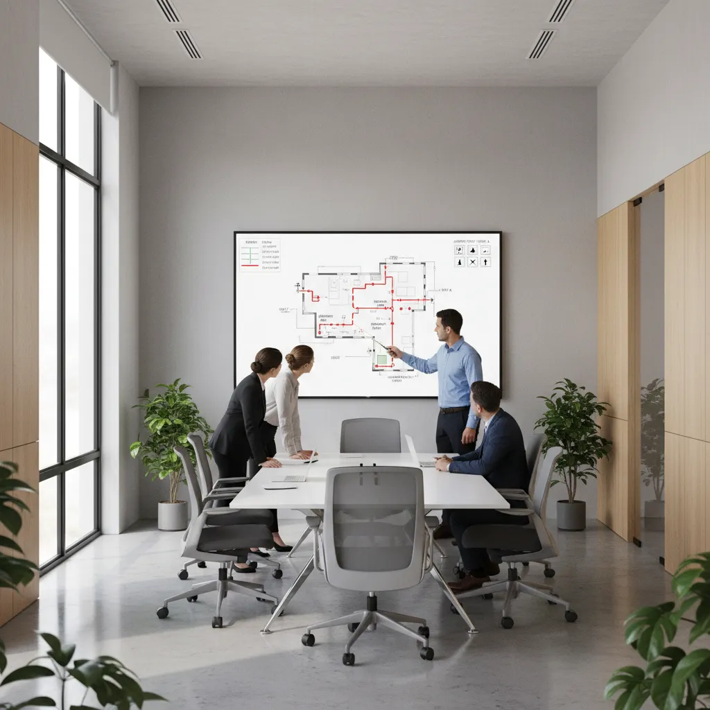 Employees reviewing evacuation route diagram during workplace safety training