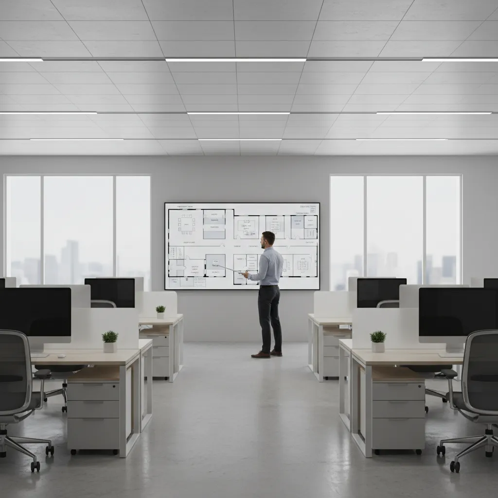 Facility manager reviewing office floor plan screenshot for workspace planning