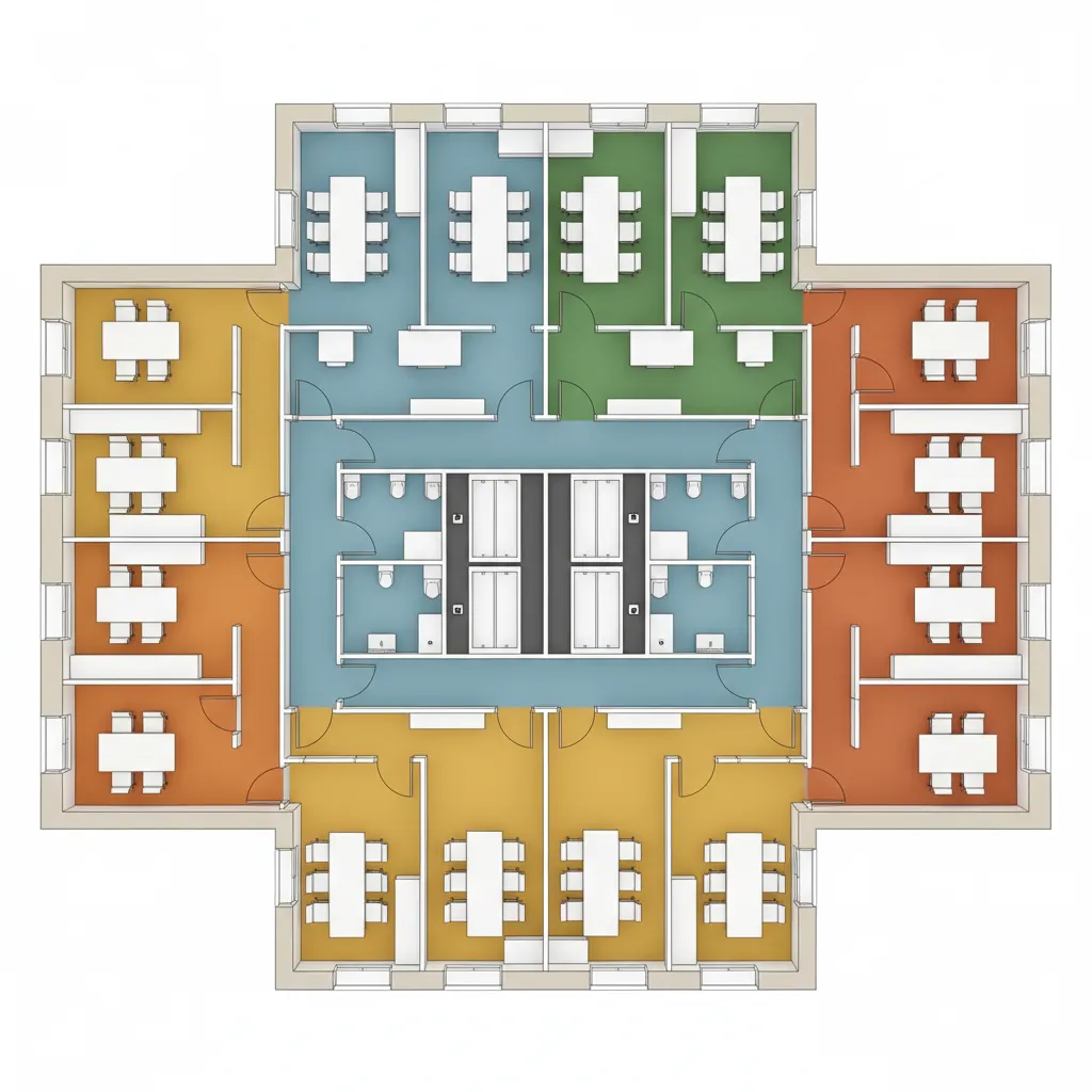 Office floor plan highlighting circulation corridors compared to usable workspaces
