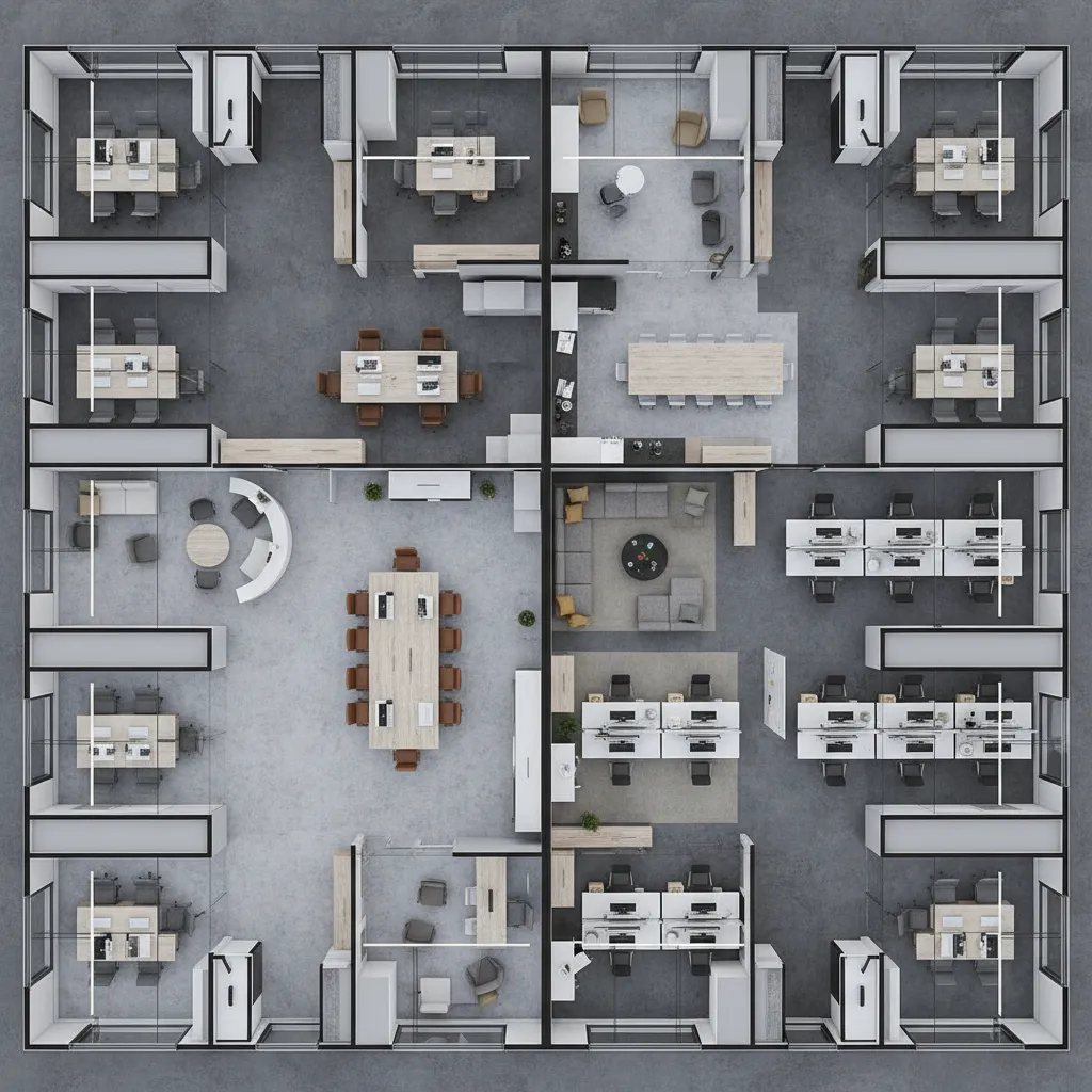 Office tower floor layout comparison showing private offices versus open team workspaces