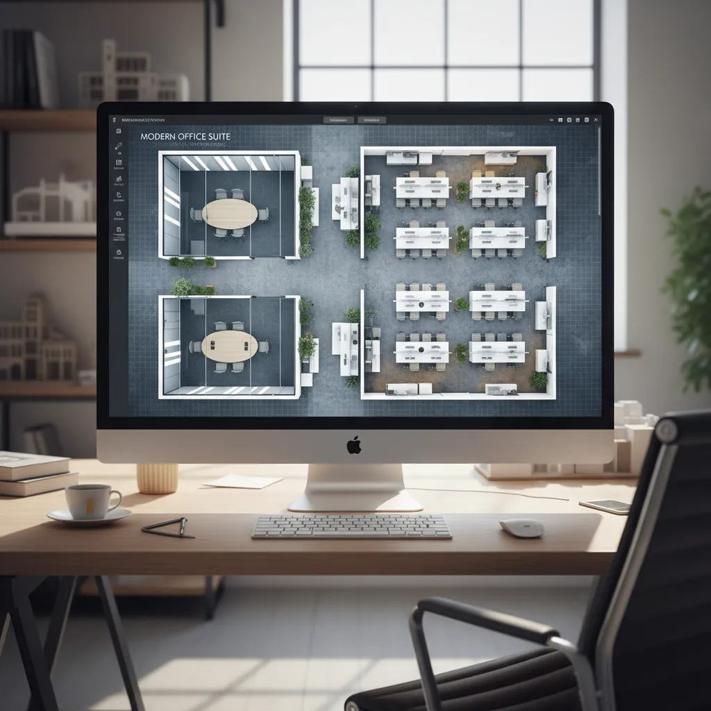 Digital office floor plan layout displayed on computer with desks and meeting room zones