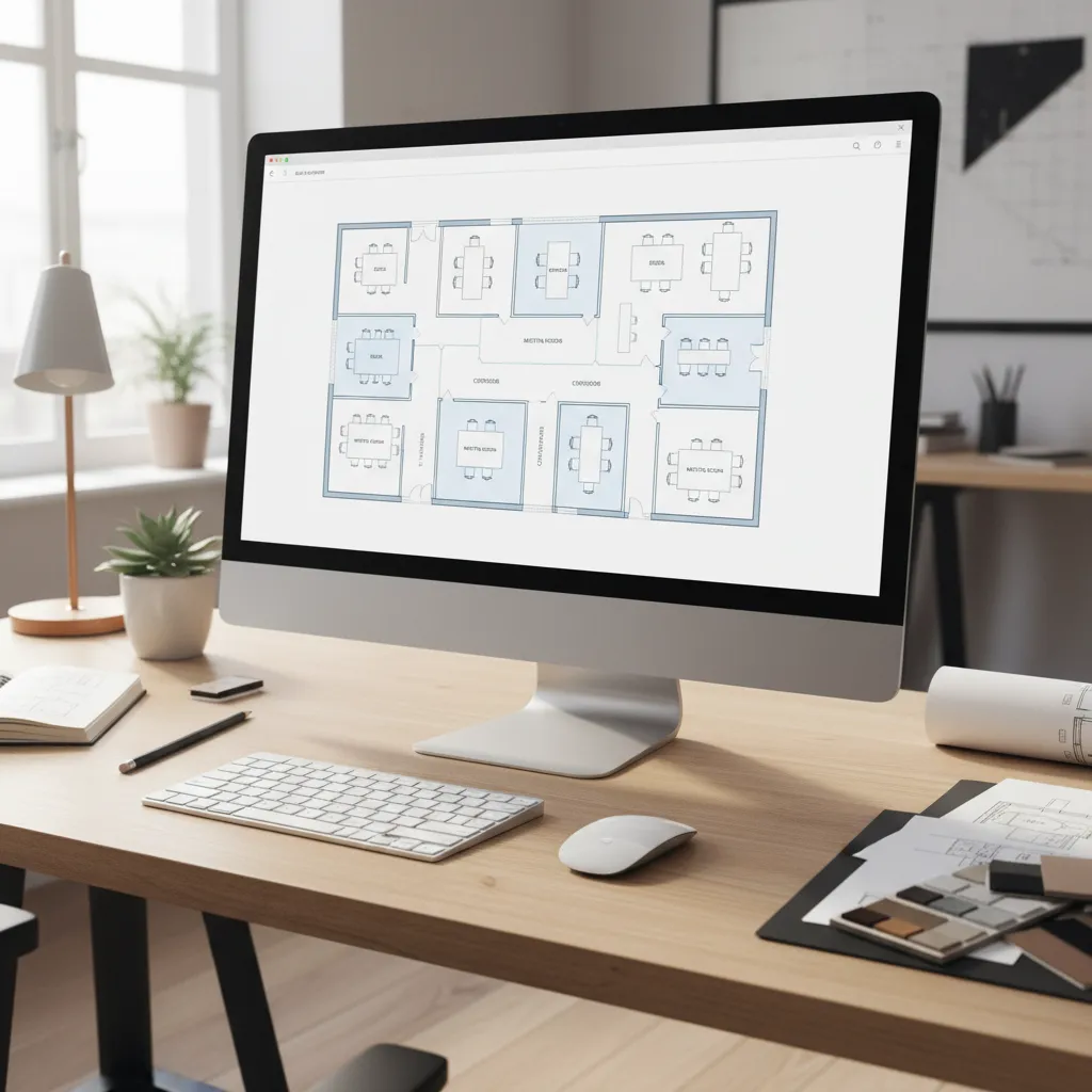 Digital office floor plan layout displayed on computer with desks and meeting rooms