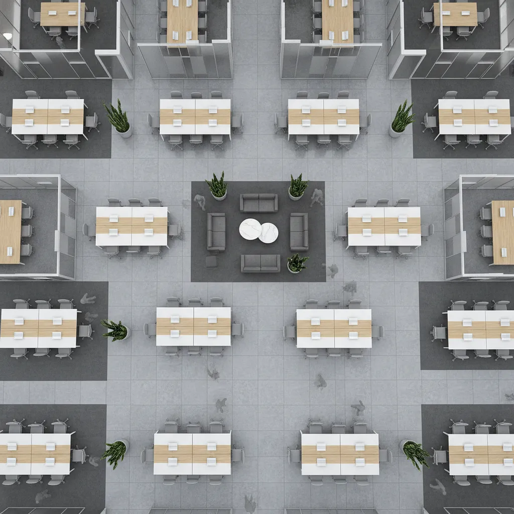 top view office floor plan showing desk arrangement and circulation paths