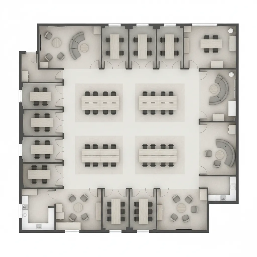 Open office floor plan layout showing desks meeting rooms and circulation paths