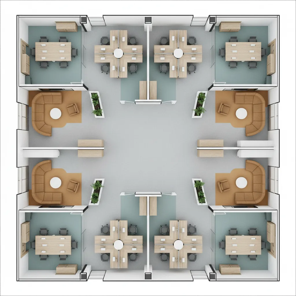 Office floor plan showing workstation zones meeting rooms and collaboration areas