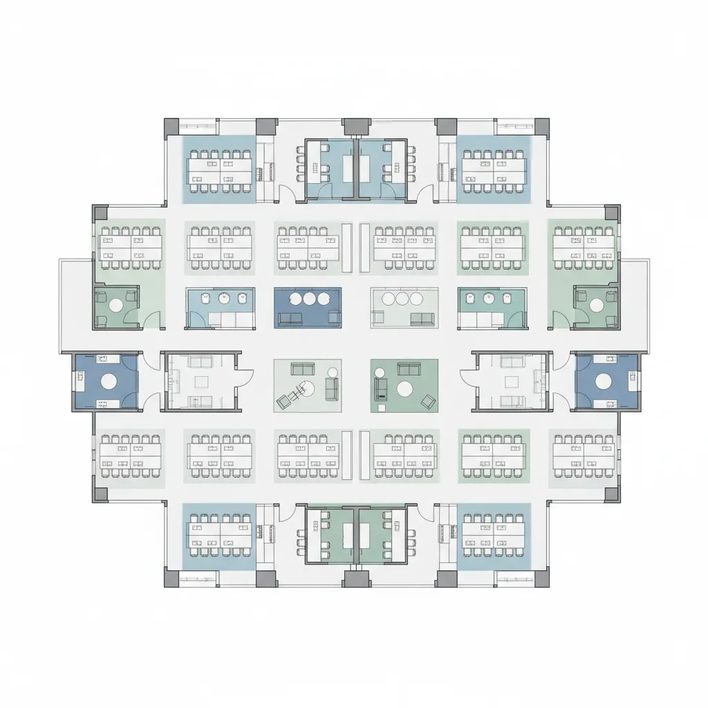 2D office floor plan layout showing desk clusters meeting rooms and circulation paths