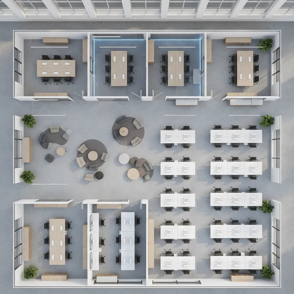 3D office floor plan showing distribution of meeting rooms and collaboration areas