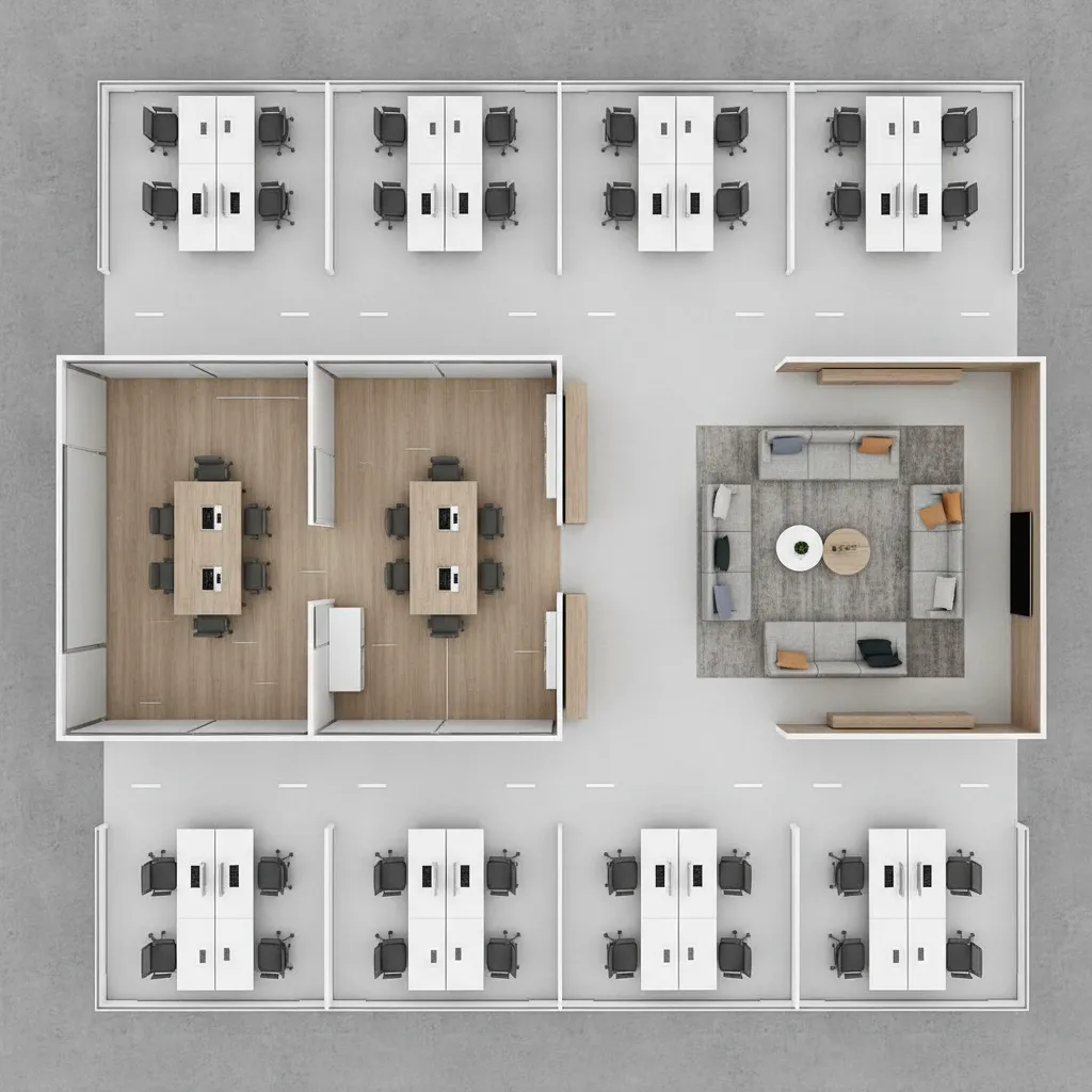 digital office floor plan layout with desks meeting rooms and movement paths
