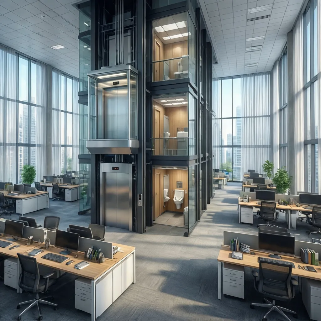 open office tower floor plate with perimeter workstations and central service core