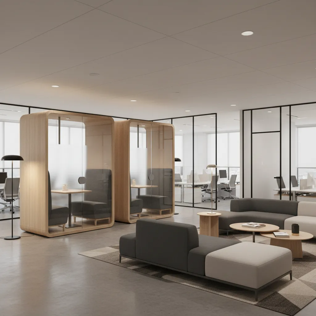Modern office with private focus pods and collaborative seating areas