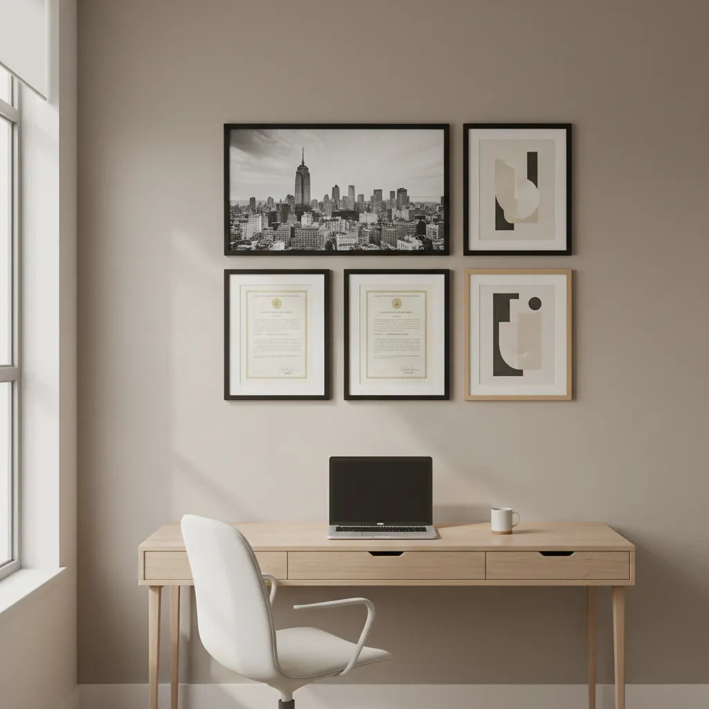 Office wall frames displaying certificates, artwork, and photography