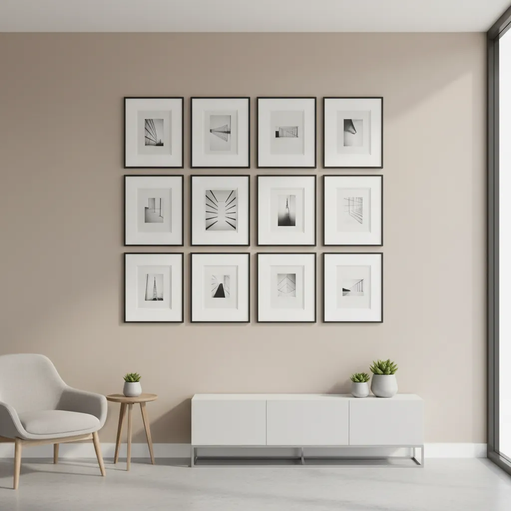 Structured grid layout of framed prints on an office wall