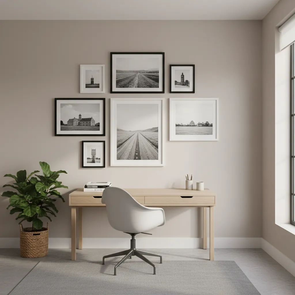 Home office workspace with a gallery wall of framed artwork above a desk
