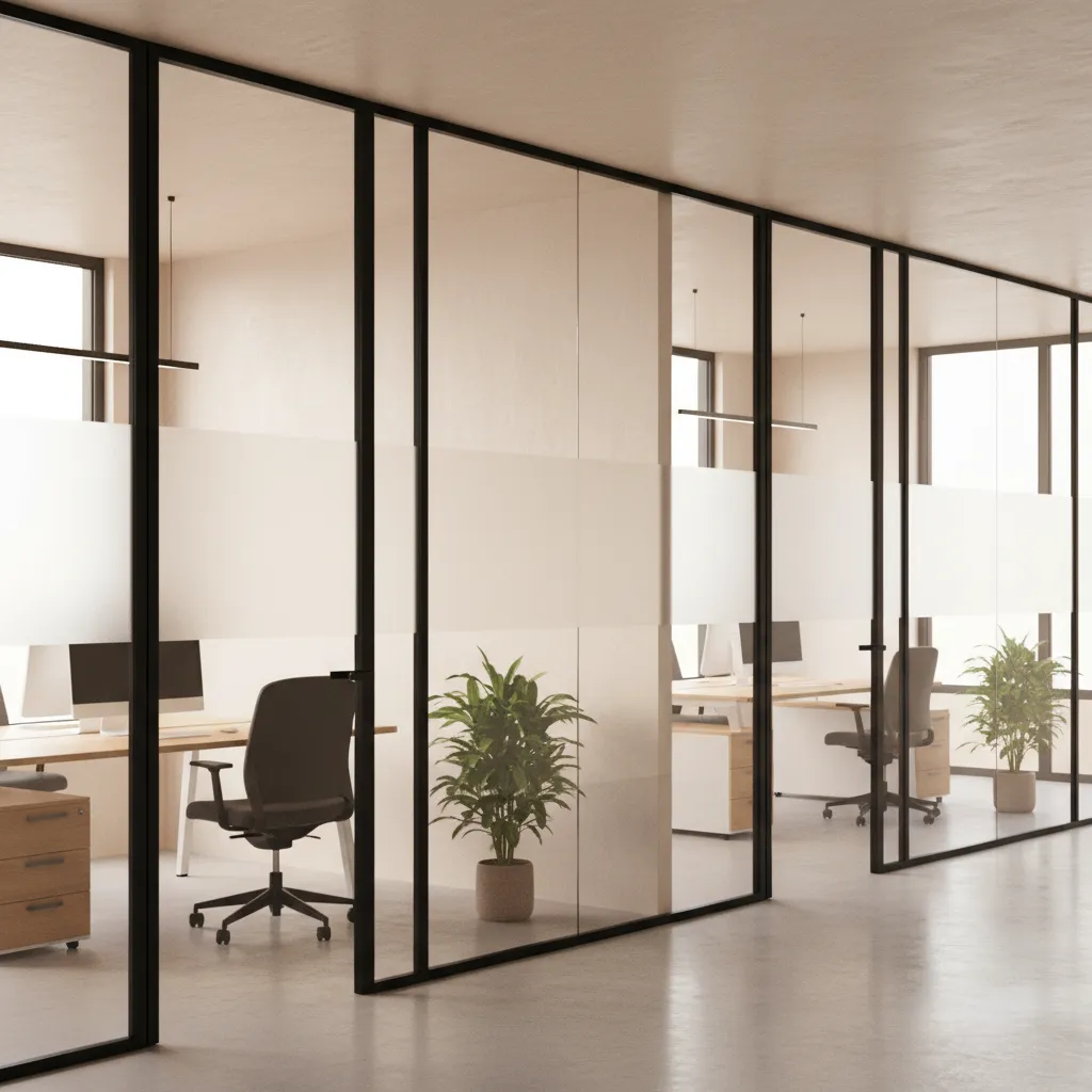 Office corridor with glass doors using frosted privacy bands