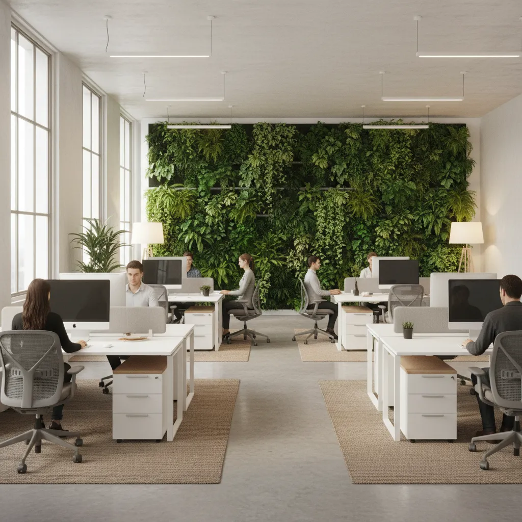 Large indoor plant wall in an open office improving acoustics and workspace atmosphere