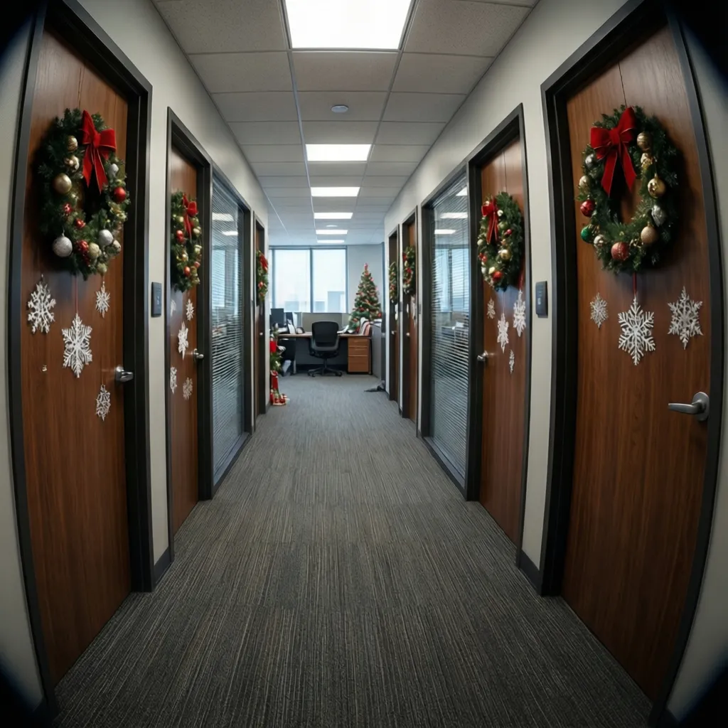 Office hallway with multiple decorated Christmas doors in a workplace