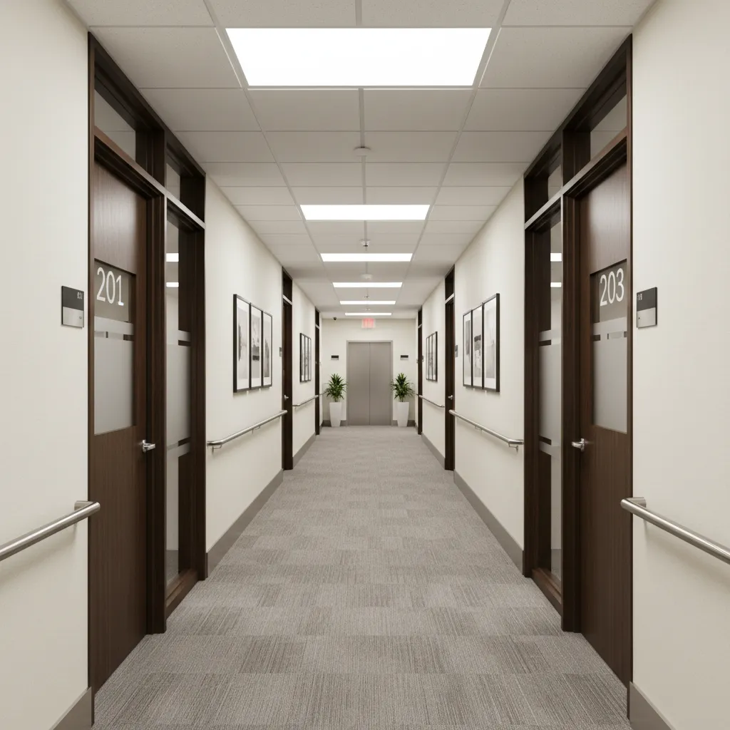 second floor office hallway with multiple suite doors