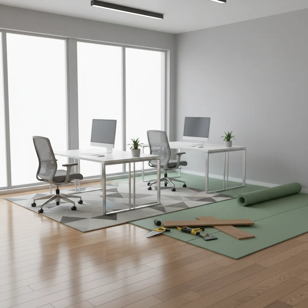 Light commercial office with hardwood flooring and underlayment installation