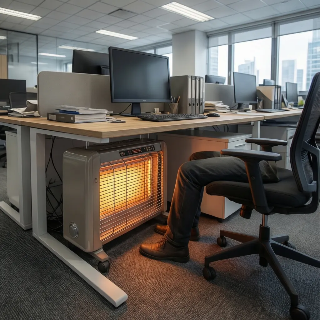 Person sitting at a desk in an office with a large electric heater providing warmth