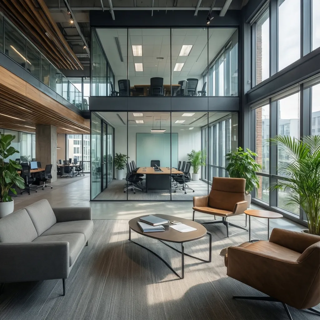 Modern open office showing glass meeting rooms lounge area with sofa leather chairs and plants