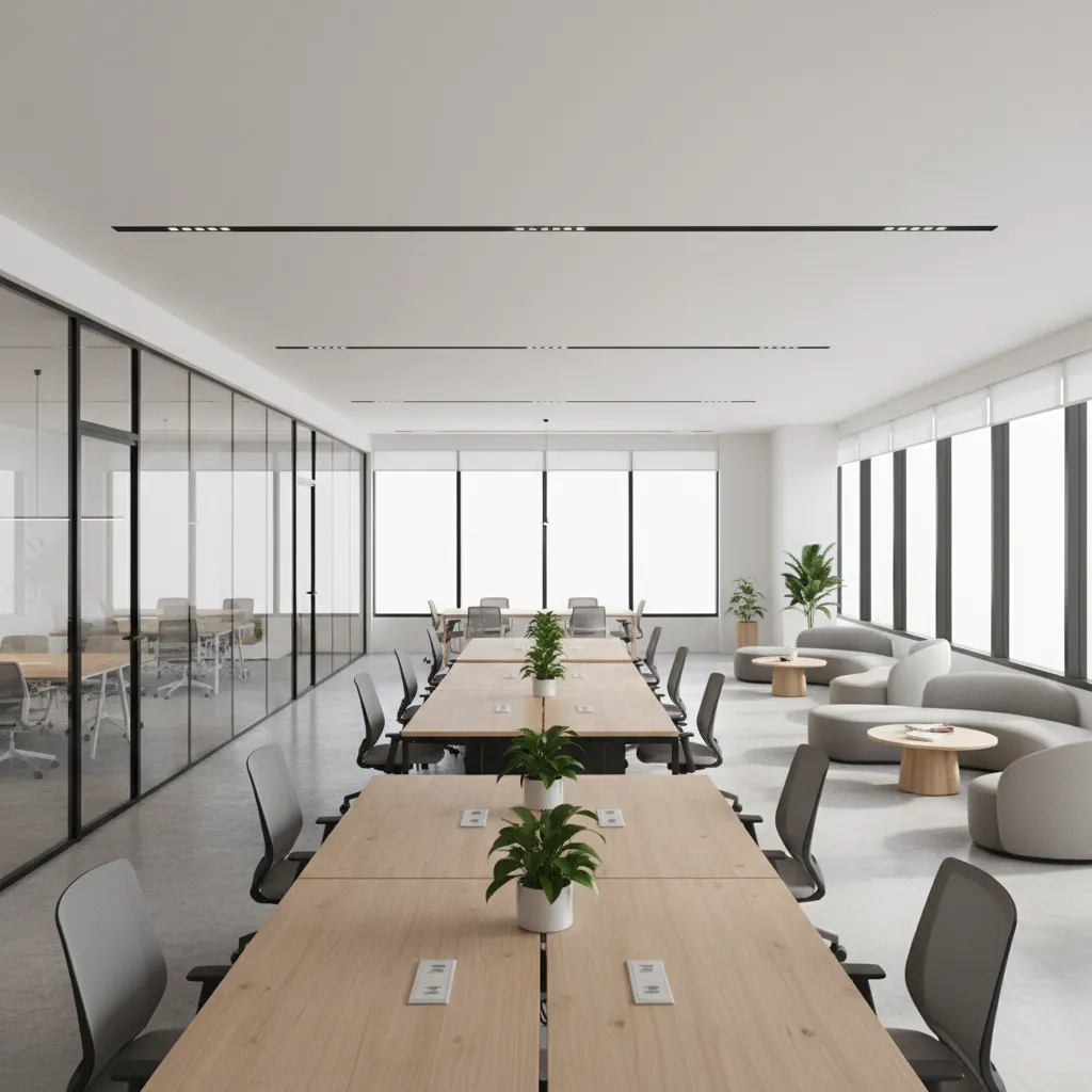 Modern collaborative office interior with desks meeting areas and natural lighting