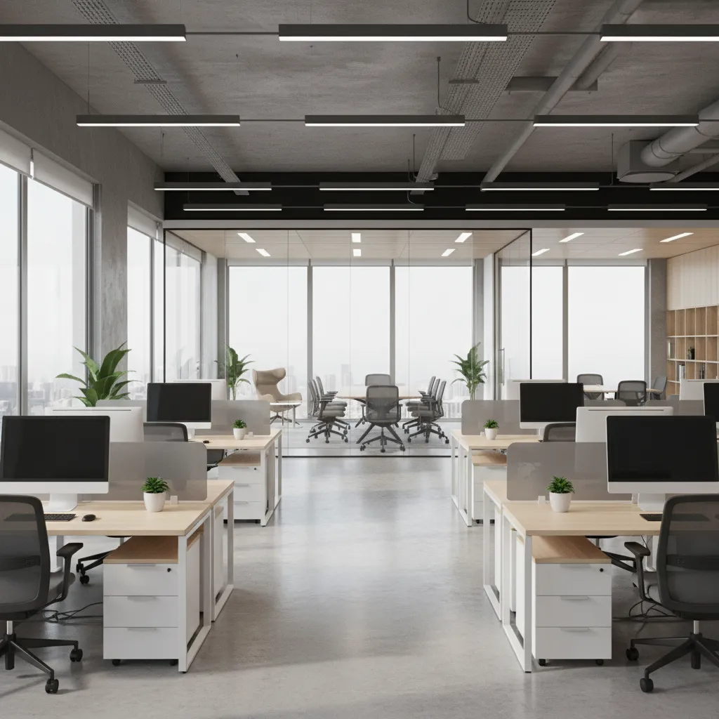 Modern office interior with rows of desks, black chairs, computer monitors, and glass meeting room