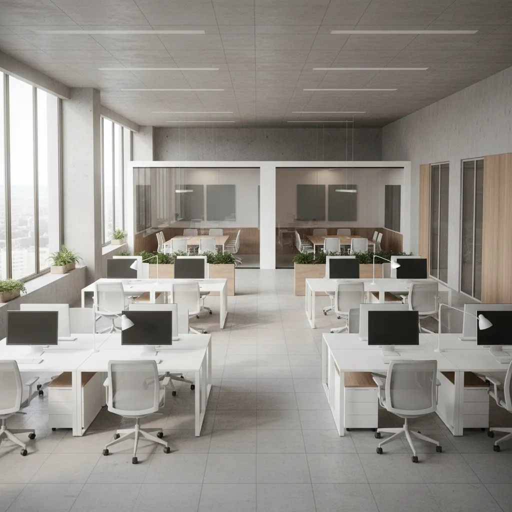 Open office floor plan layout with desks circulation paths and zones