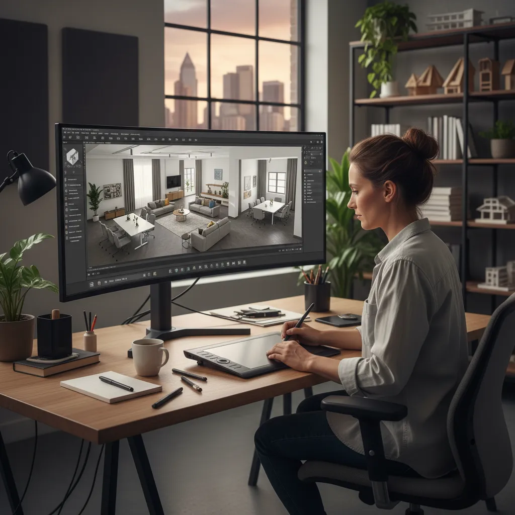 Designer using drawing tablet and computer showing living room interior design drawing in modern office studio