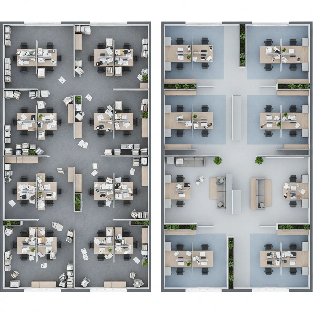comparison of inefficient and optimized office floor plan layouts