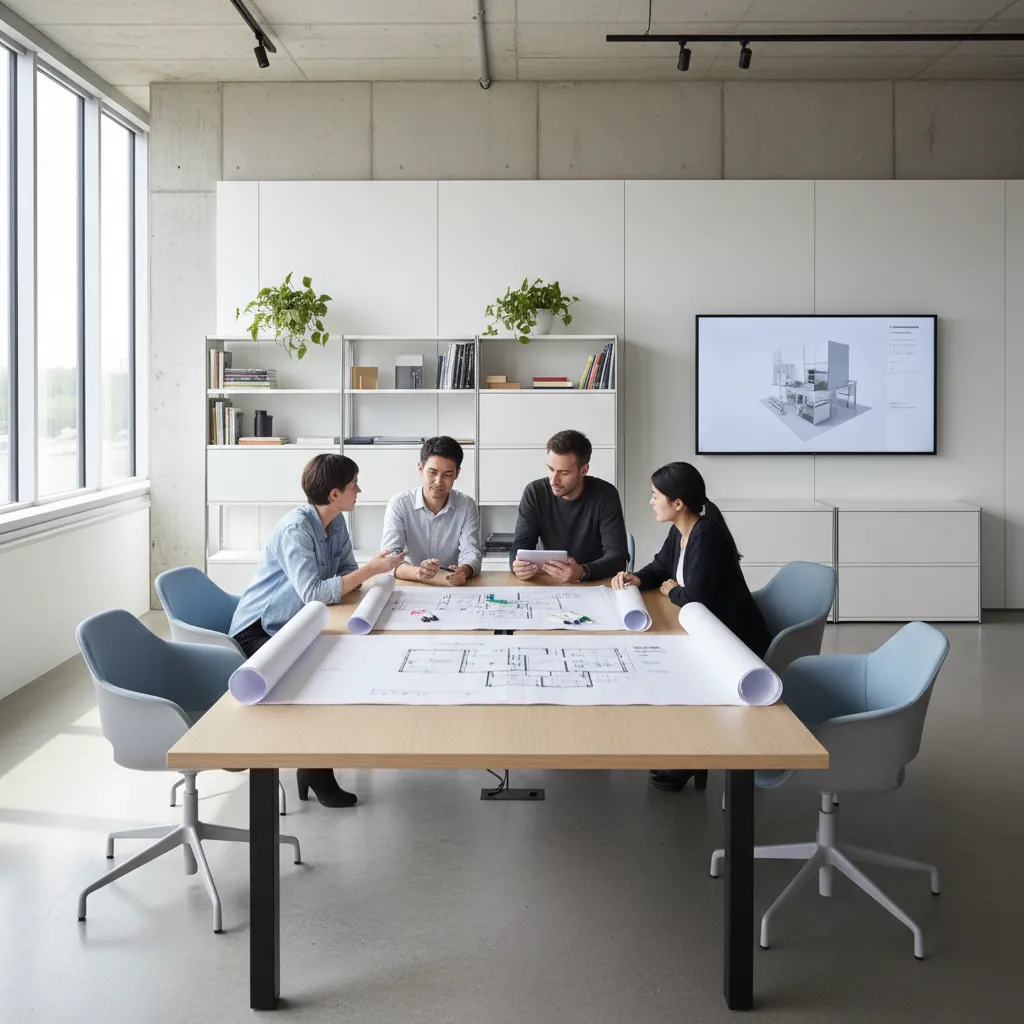 Designers reviewing office layout concepts around a table
