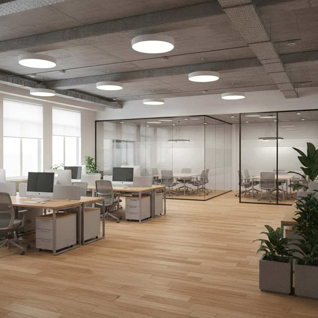 Open plan office layout designed for startup workspace planning
