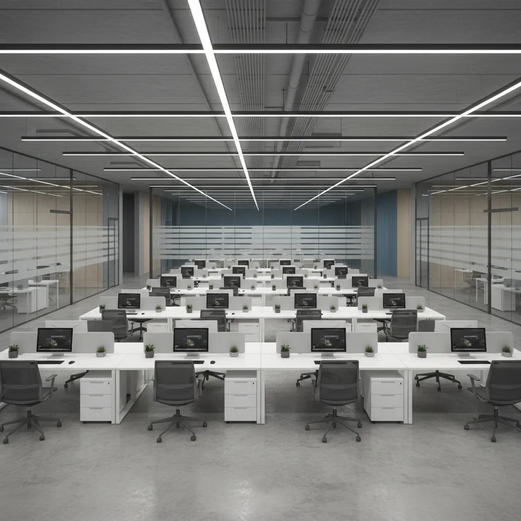 open office floor with workstation clusters aligned to structural grid