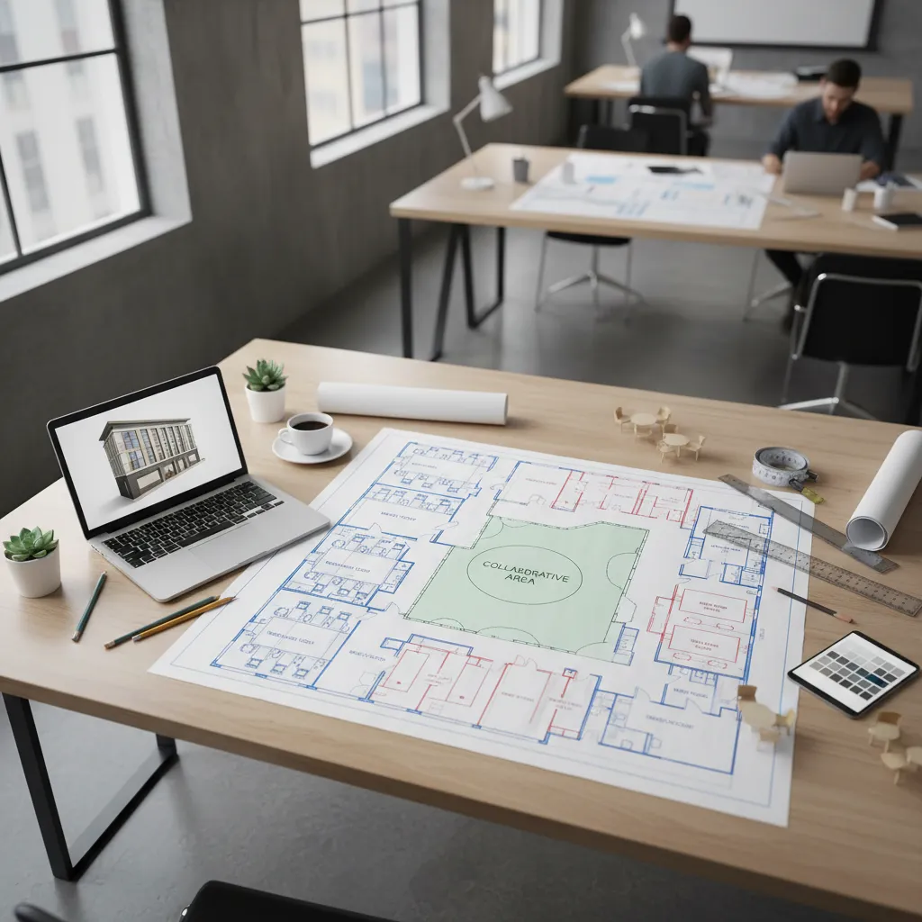Office desk with laptop interior design drawing and paper floor plan showing a room layout