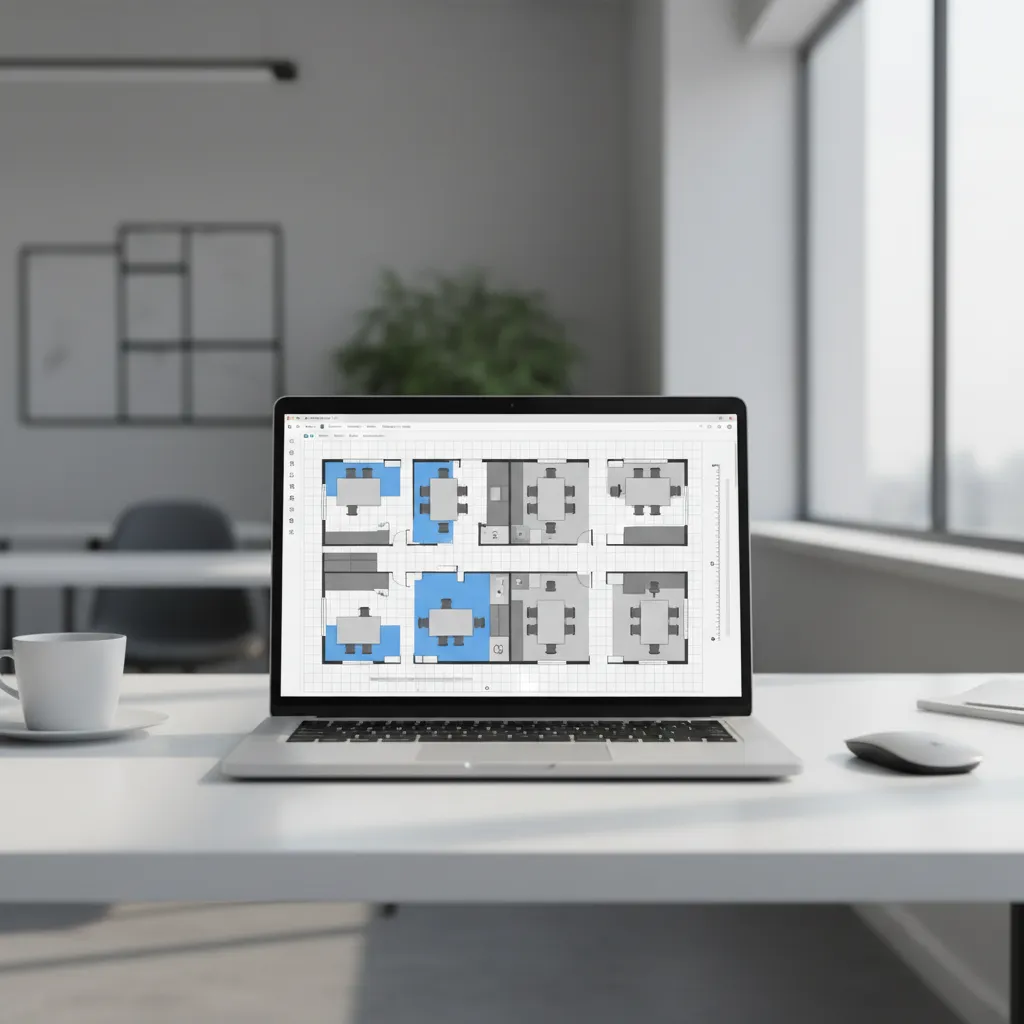 Digital office floor plan displayed on a laptop for workspace planning