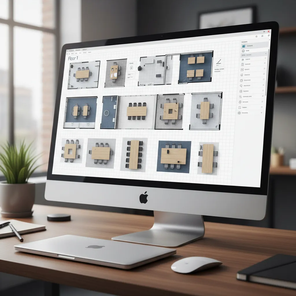 online office layout planner interface with grid floor plan and desks