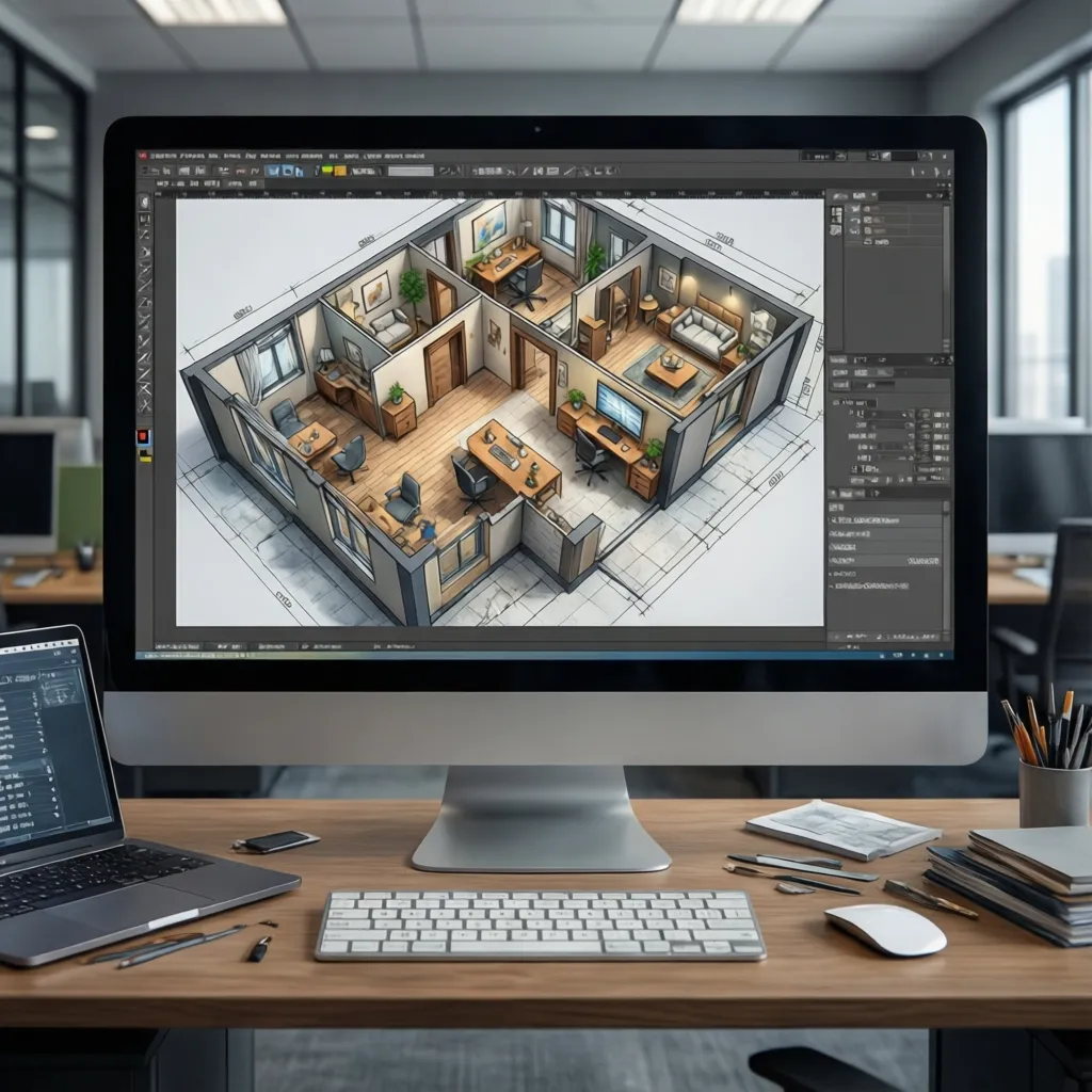 planificación digital de una oficina pequeña en un software de diseño