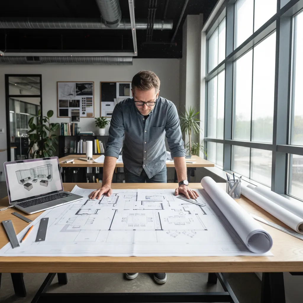Interior designer looking at large paper floor plan on wooden desk with laptop and drawings