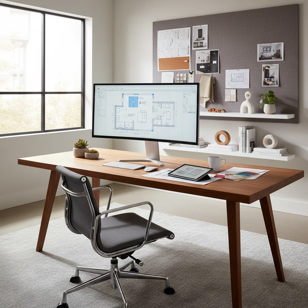 Plano digital de distribución de oficina en casa en una pantalla