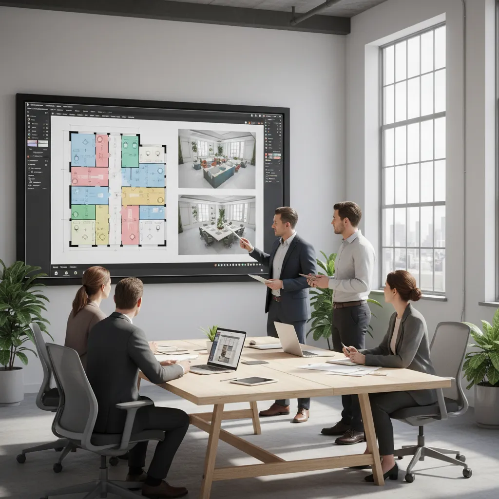 Architectural team planning office layout with floor plan diagrams